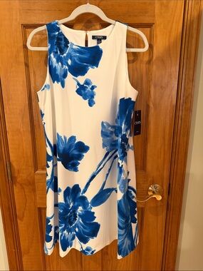 Chaps White and Blue Floral Sleeveless Mini Dress